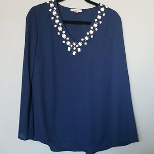 Roz & Ali blue embellished v neck long sleeve Hippie top size medium